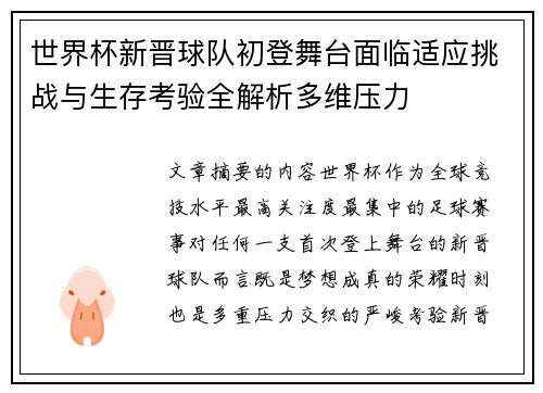 世界杯新晋球队初登舞台面临适应挑战与生存考验全解析多维压力