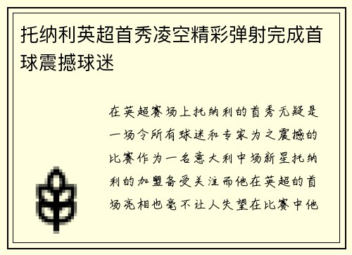 托纳利英超首秀凌空精彩弹射完成首球震撼球迷