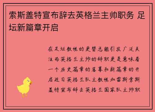 索斯盖特宣布辞去英格兰主帅职务 足坛新篇章开启