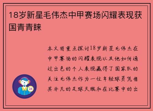18岁新星毛伟杰中甲赛场闪耀表现获国青青睐
